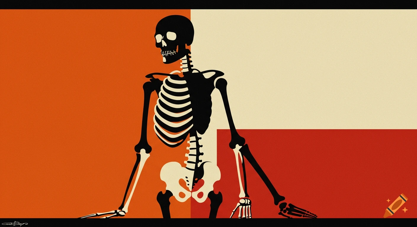 A minimalist, flat illustration in the style of Saul Bass depicts a black skeleton against orange, cream, and red geometric color blocks.