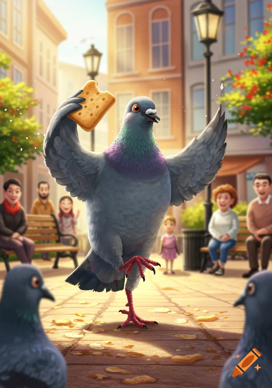 A cartoon pigeon with one leg raised, dancing joyfully while holding a bitten cracker in a sunny city square with blurred people in the background.