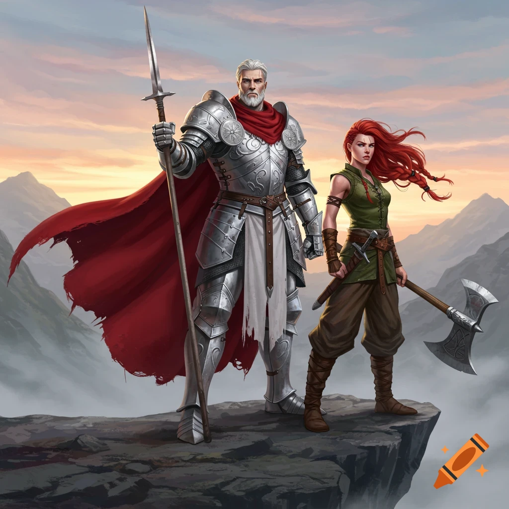 A male knight in silver armor with a red cloak and lance stands on a cliff with a red-haired female warrior holding an axe.