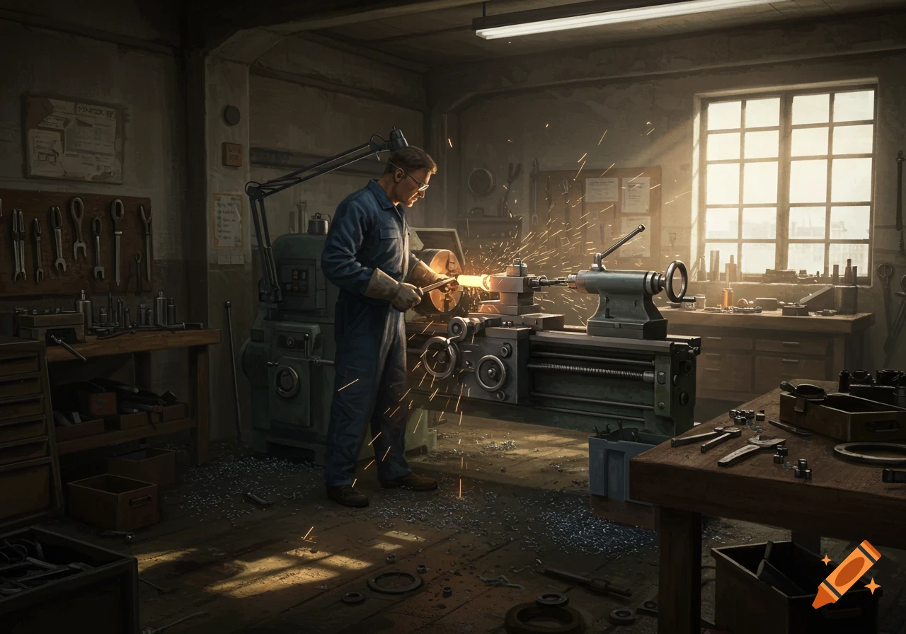 A man in blue overalls and goggles operates a lathe in a dusty workshop, creating sparks. Tools hang on the walls.