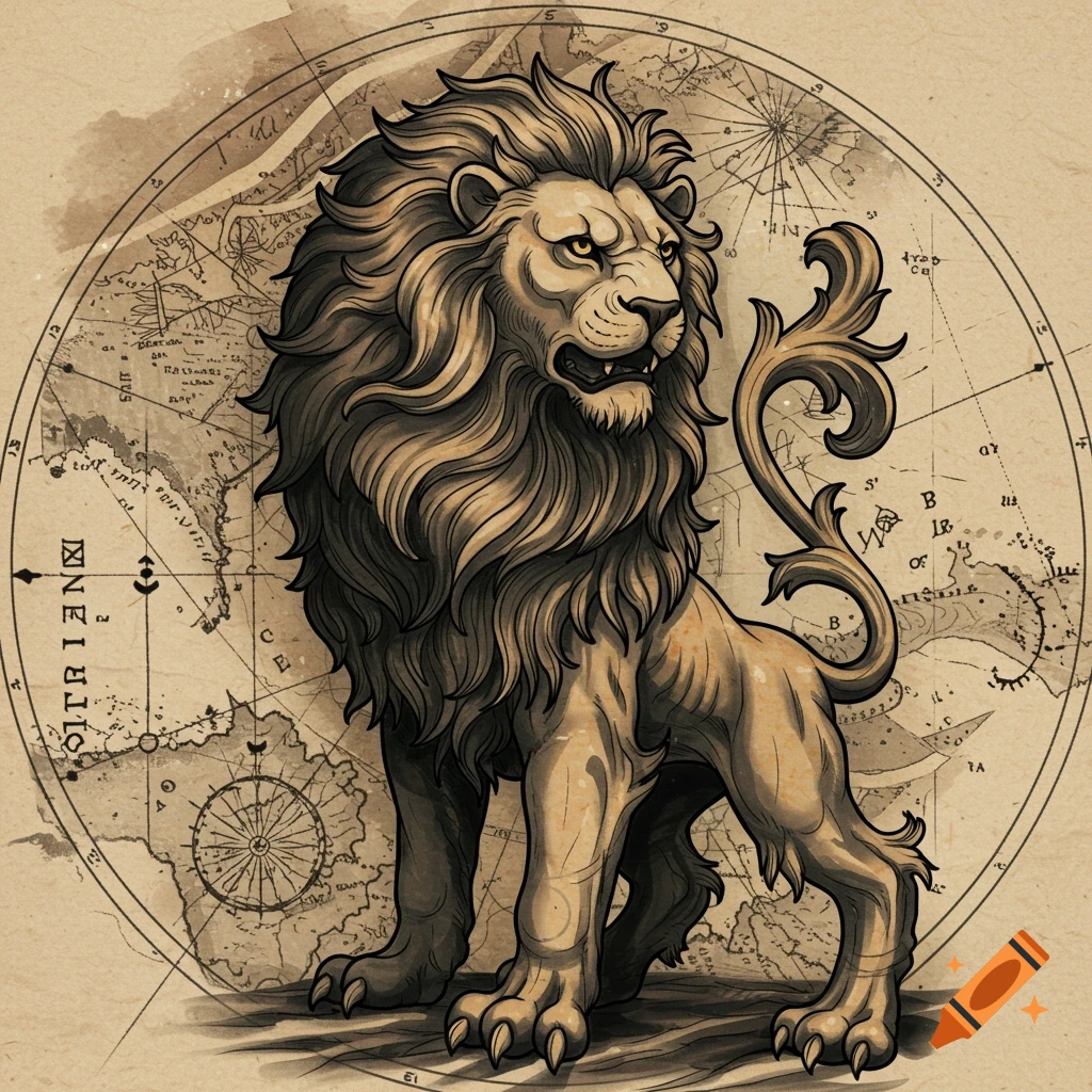 A stylized, regal lion stands in profile over a detailed vintage map, in a tattoo illustration style.