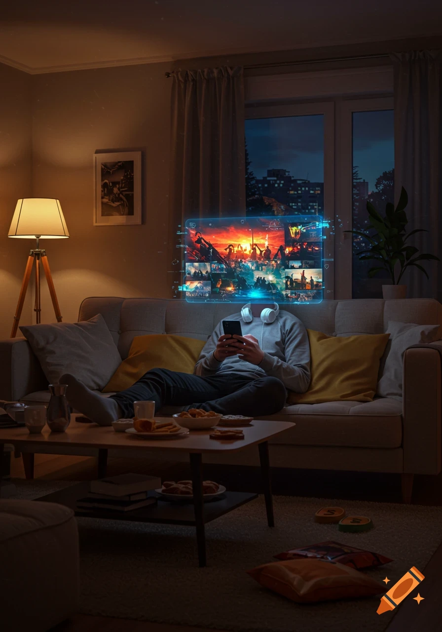 A person sitting on a couch in a dimly lit living room, holding a phone. Their face is replaced by a holographic screen displaying various chaotic crisis images.