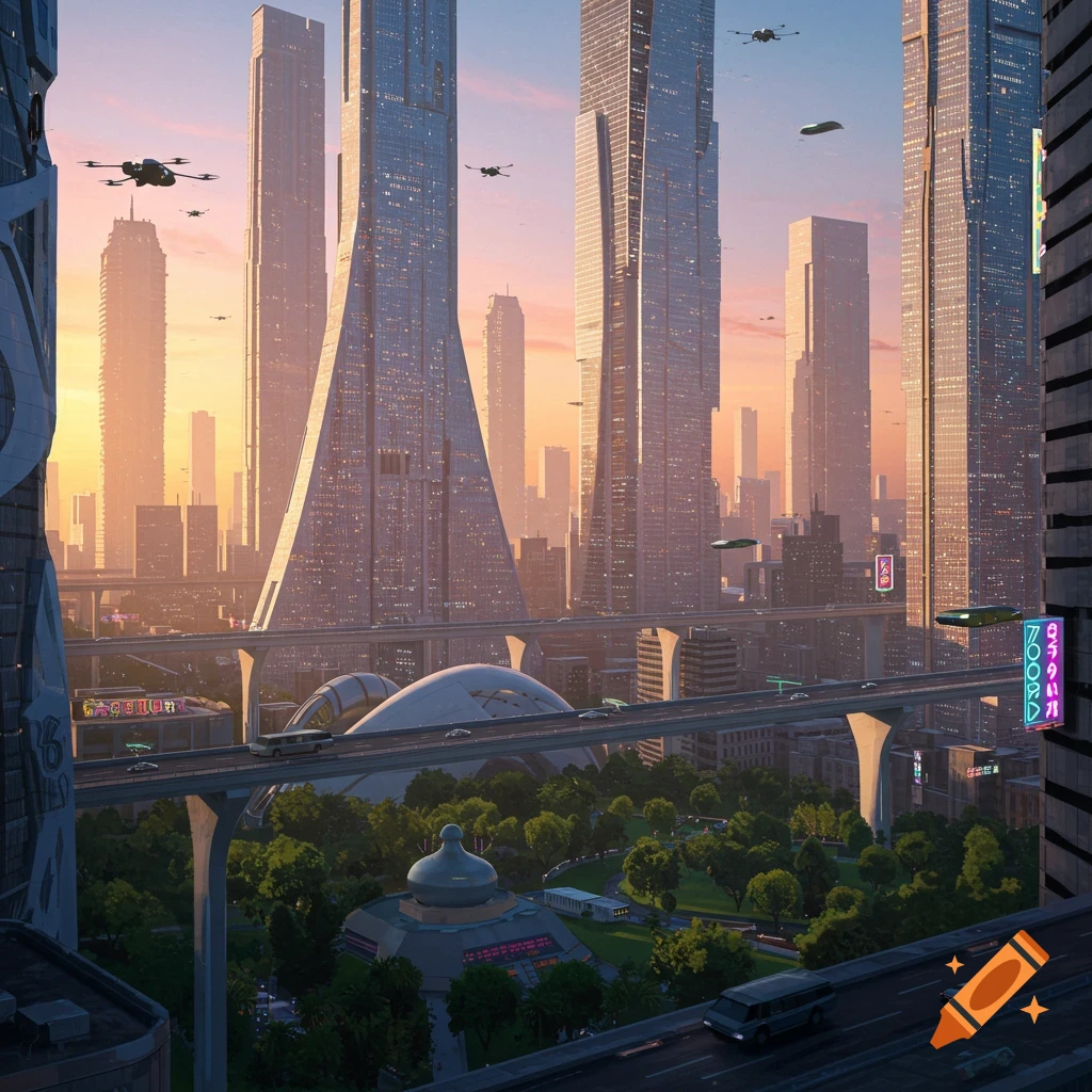 A futuristic cityscape at sunrise with tall skyscrapers, elevated highways, flying vehicles, and green parks.