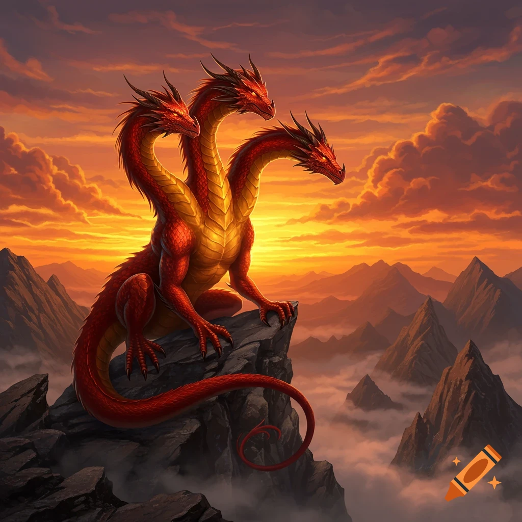 A vibrant red and gold three-headed dragon perches on a rocky mountain peak, overlooking a misty valley against a dramatic orange sunset.