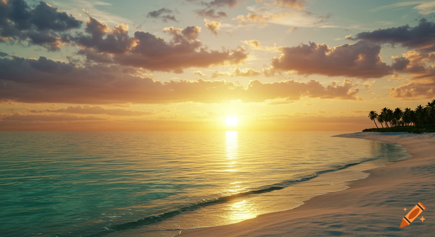 Hyperrealistic digital painting of a tropical beach sunset with golden light on calm turquoise water, sandy shore, and silhouetted palm trees.