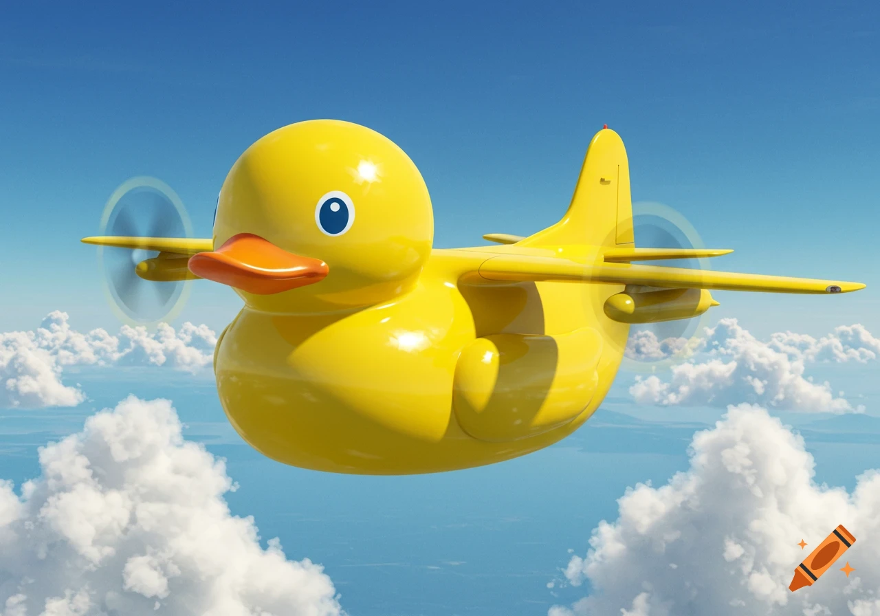 A large, glossy yellow rubber duck shaped like a propeller airplane flies through a bright blue sky with scattered white clouds.