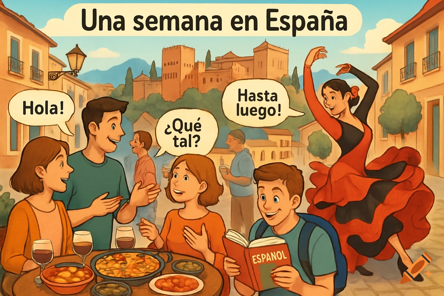A colorful cartoon illustration titled 'Una semana en Espa ja' shows people talking, eating tapas, a flamenco dancer, and the Alhambra in the background.