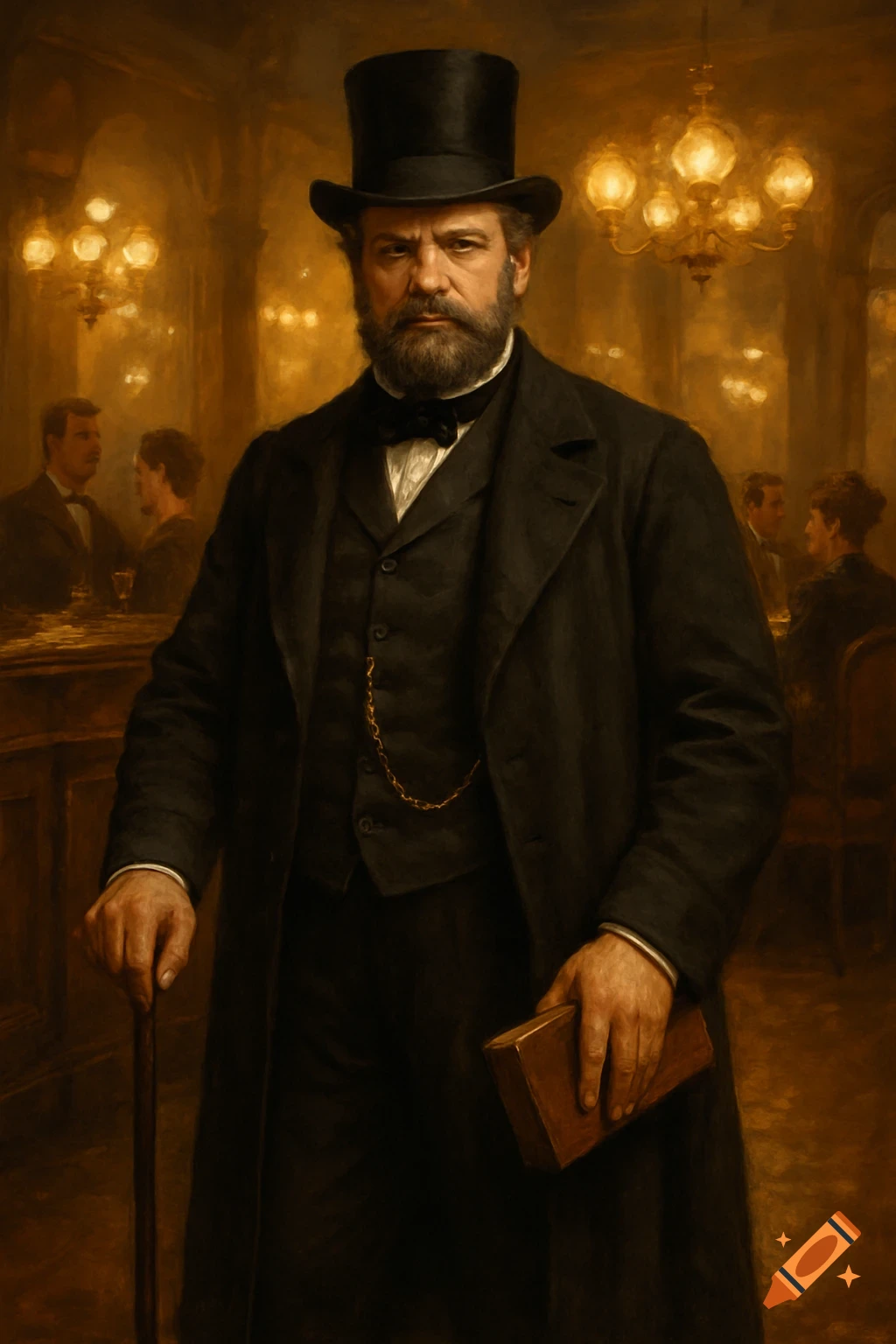 A serious, bearded 19th-century gentleman in a top hat and long coat, holding a book and cane in a dimly lit cafe.