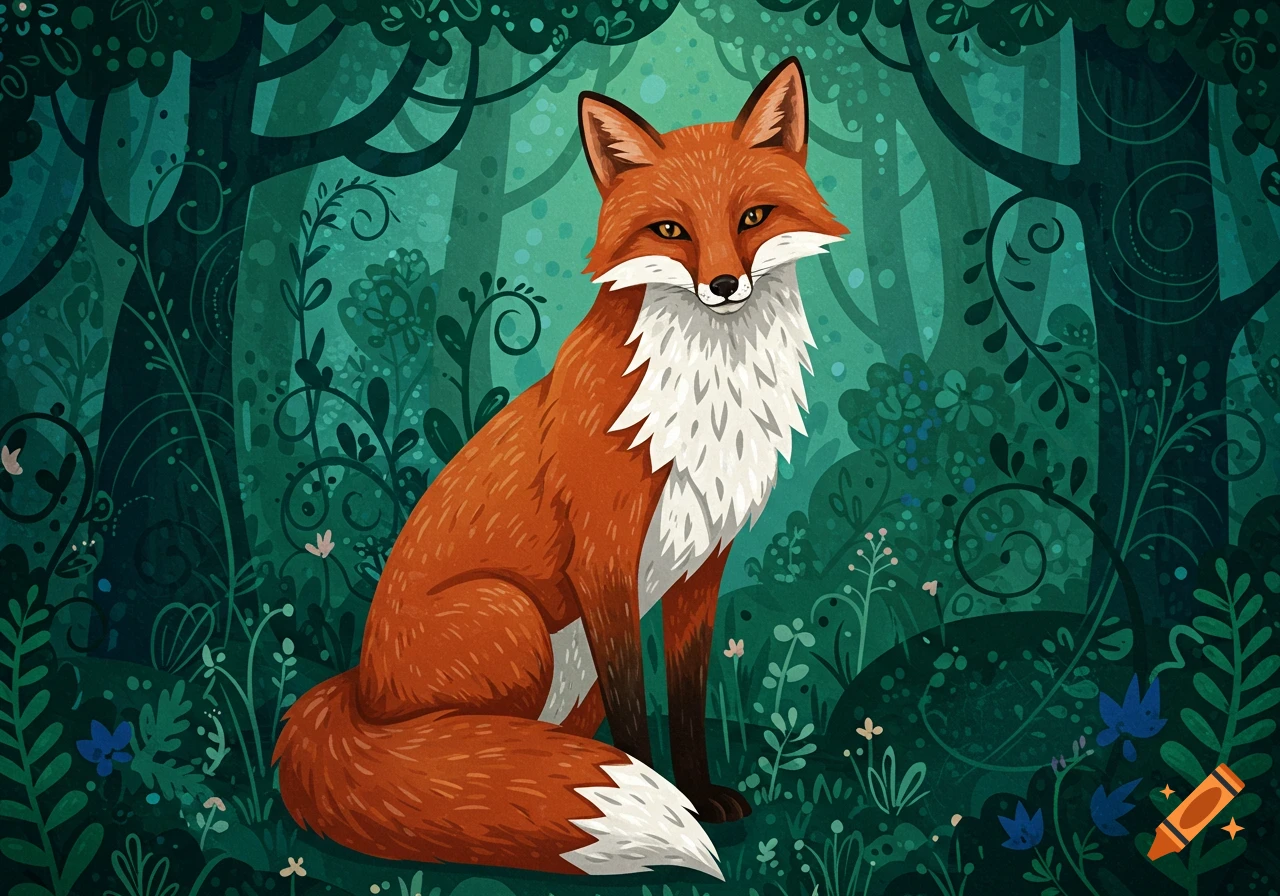 A stylized illustration of a fox with reddish-brown fur and a white chest, sitting in a vibrant green forest with whimsical trees and foliage.