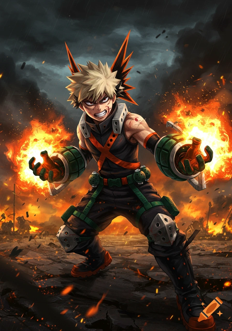 An angry anime character, Bakugo, with spiky blond hair in a hero suit, creates explosions from his hands amidst a fiery, war-torn landscape.
