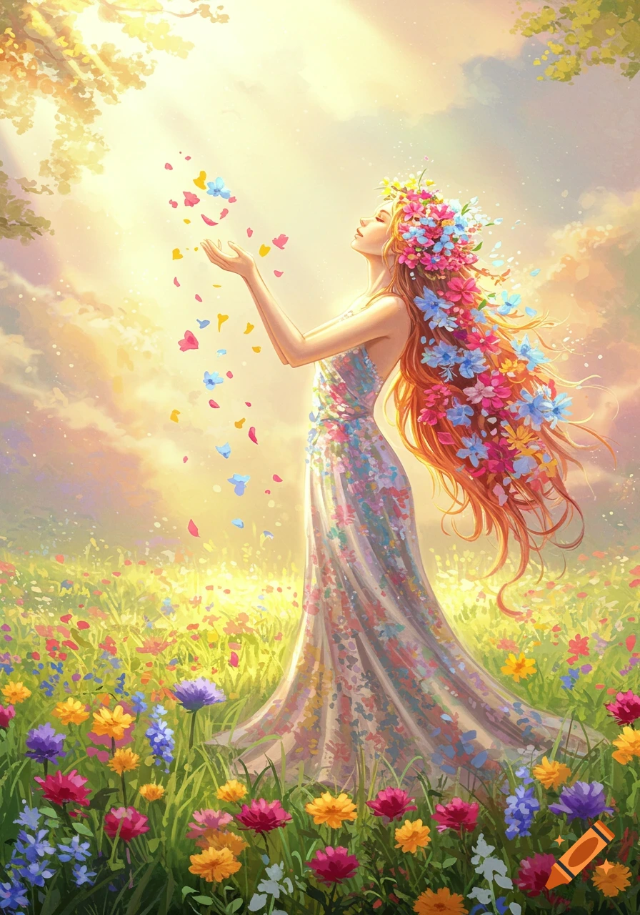 Vibrant illustration of a flower goddess with flowing floral hair, standing in a sunny meadow as colorful petals fall.