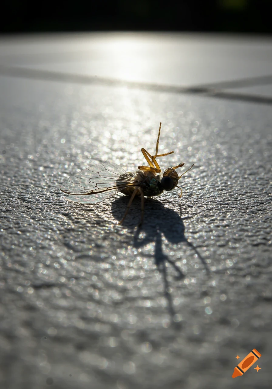 Close-up of a dead insect lying on its back on a textured ground, backlit by the sun.