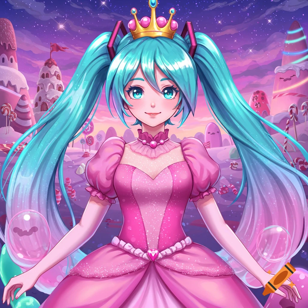 Vibrant anime illustration of a girl with long blue twin tails, wearing a pink dress and gold crown, in a dreamy candy land.