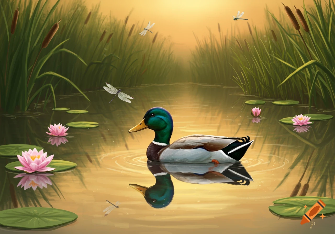 A mallard duck swims in a calm pond with pink water lilies, cattails, and dragonflies, bathed in warm sunset light.