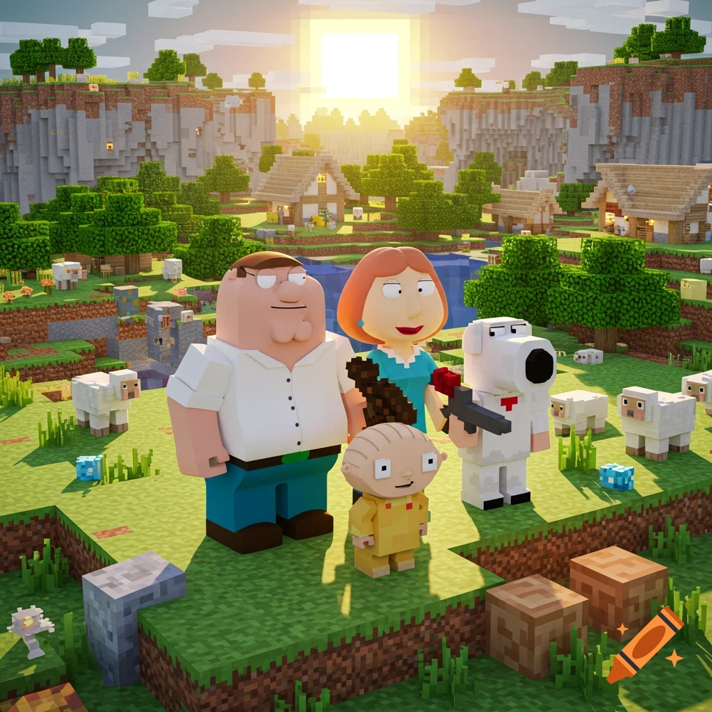 The Family Guy characters Peter, Lois, Stewie, and Brian in a blocky Minecraft world with a village and sheep at sunset.