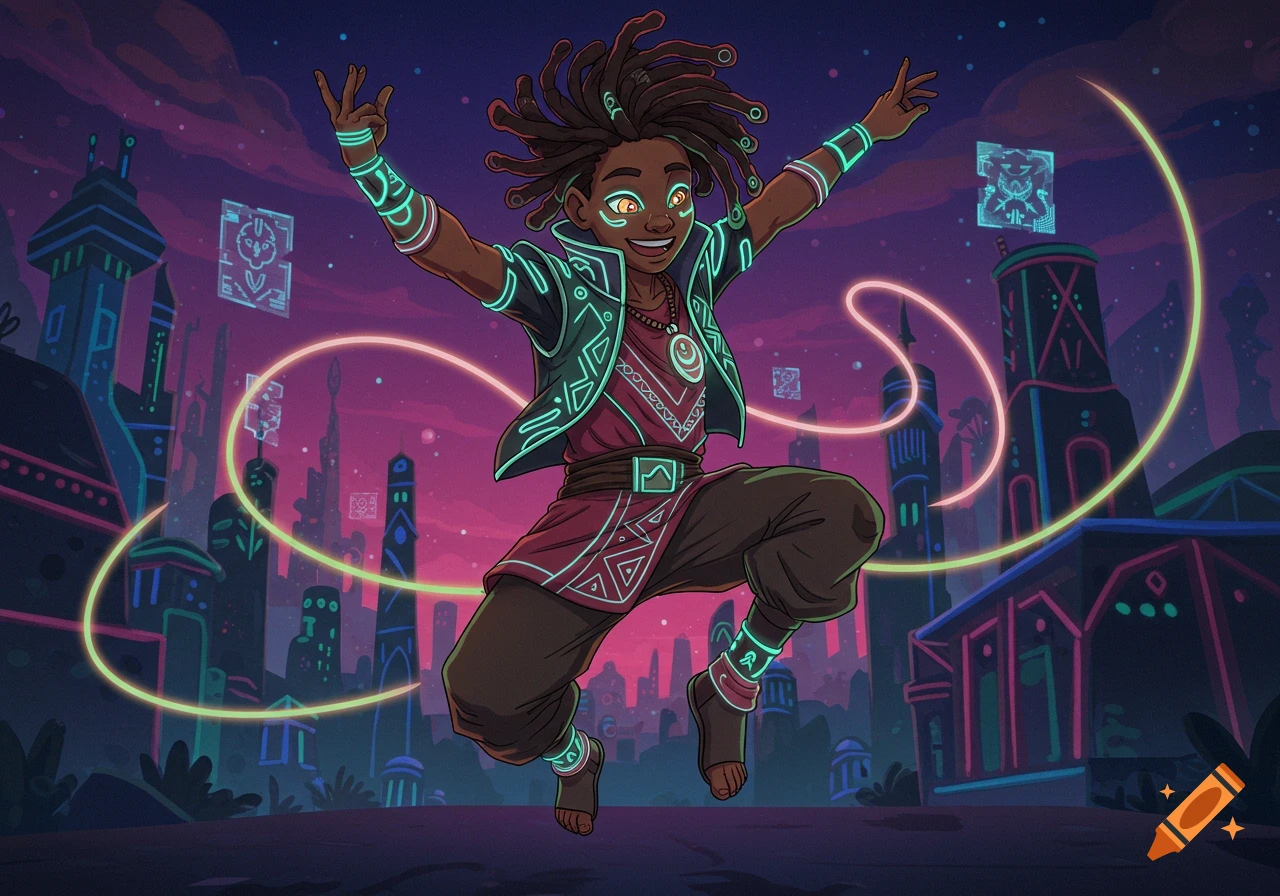A young Black protagonist in an Afrofuturist setting, mid-dance jump, wearing a glowing tunic and amulet with neon accents, against a vibrant neon city background in an animated style.