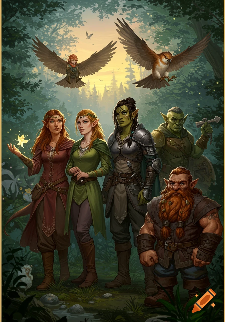 A group of diverse fantasy characters including elves, orcs, and a dwarf stand in a lush forest with a winged gnome and birds flying.