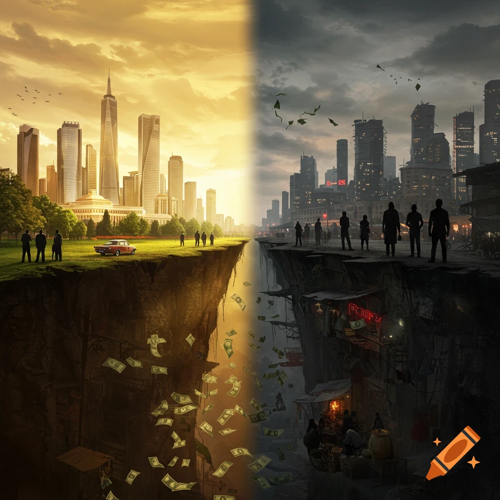 A city divided by a chasm, with a prosperous, bright side on the left and a dark, rundown side on the right, money falls into the gap.