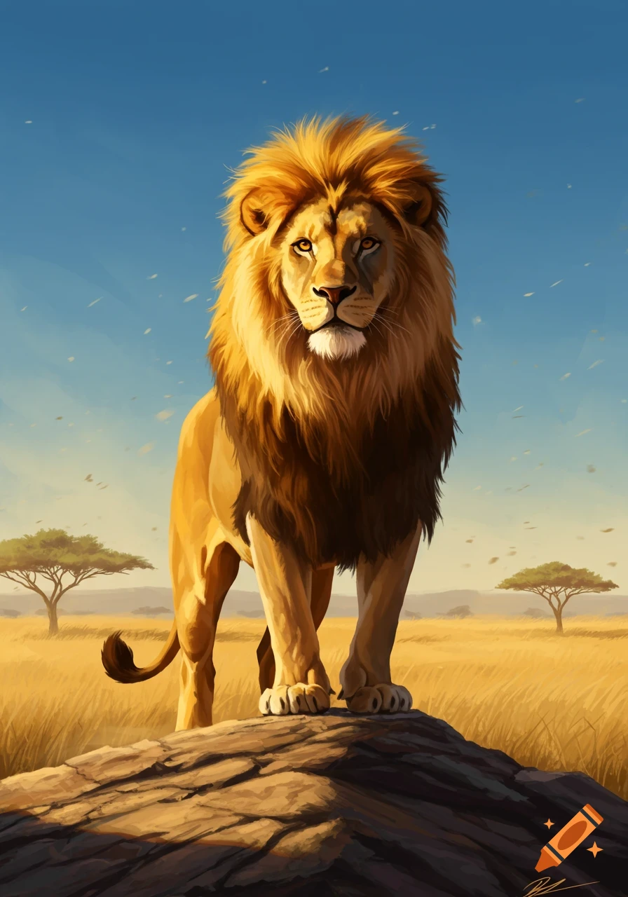 Majestic lion with a golden mane standing on a rock in a sunny savanna landscape, digital painting.