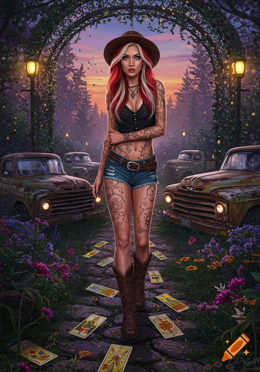 A mystical woman with red and blonde hair, tattoos, and a hat walks a path strewn with tarot cards between rusty old trucks in a magical garden at sunset.