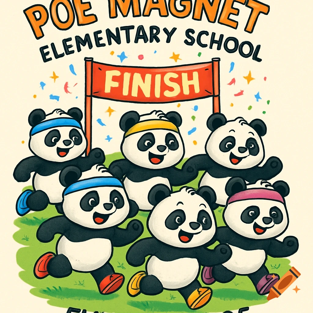 Six cheerful cartoon pandas with headbands and sneakers run a race on a grassy field, passing a 'FINISH' banner under 'POE MAGNET ELEMENTARY SCHOOL'.