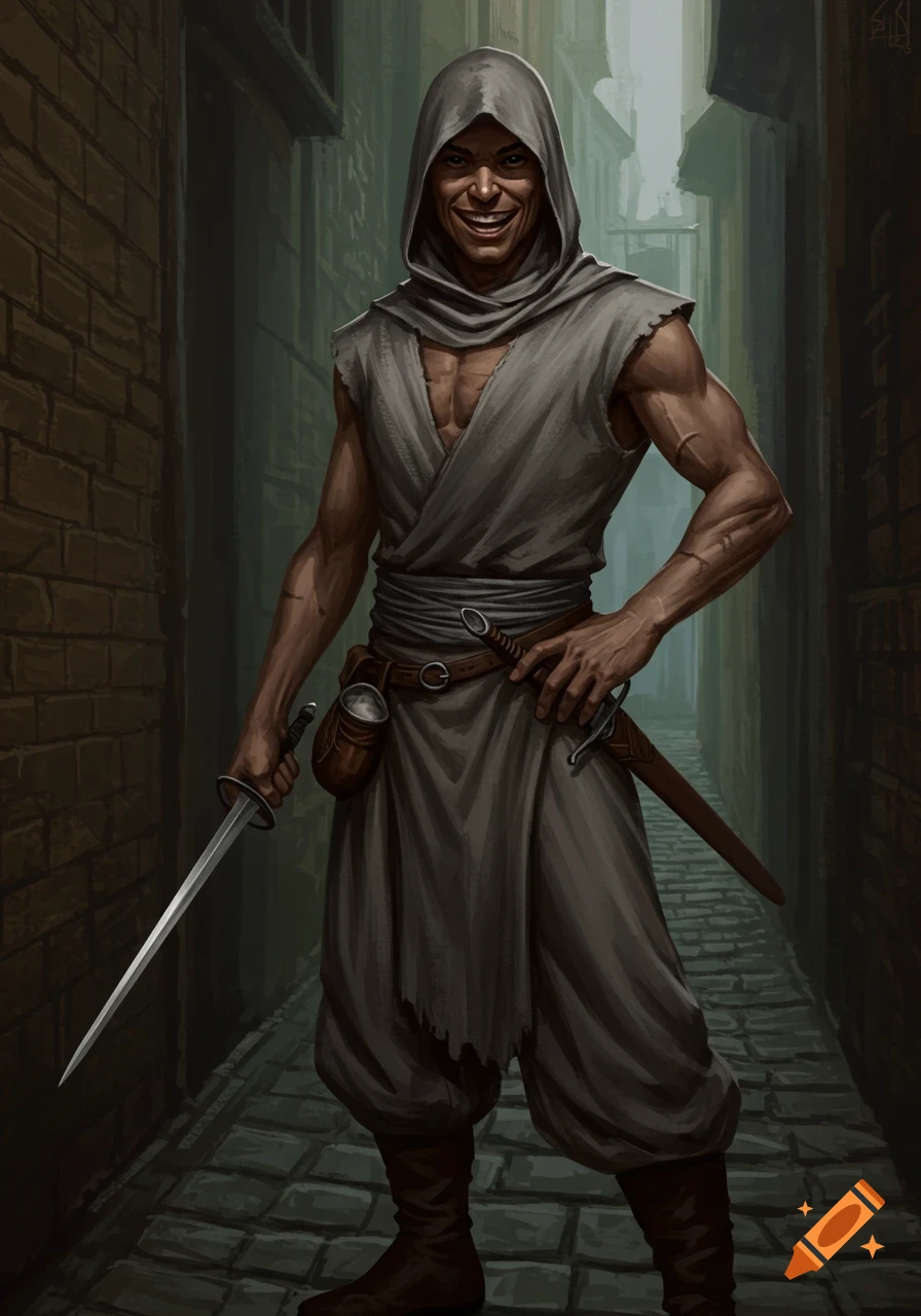 A dark-skinned man in a grey hood and robes, holding two swords, stands with a roguish smile in a shadowy alleyway.