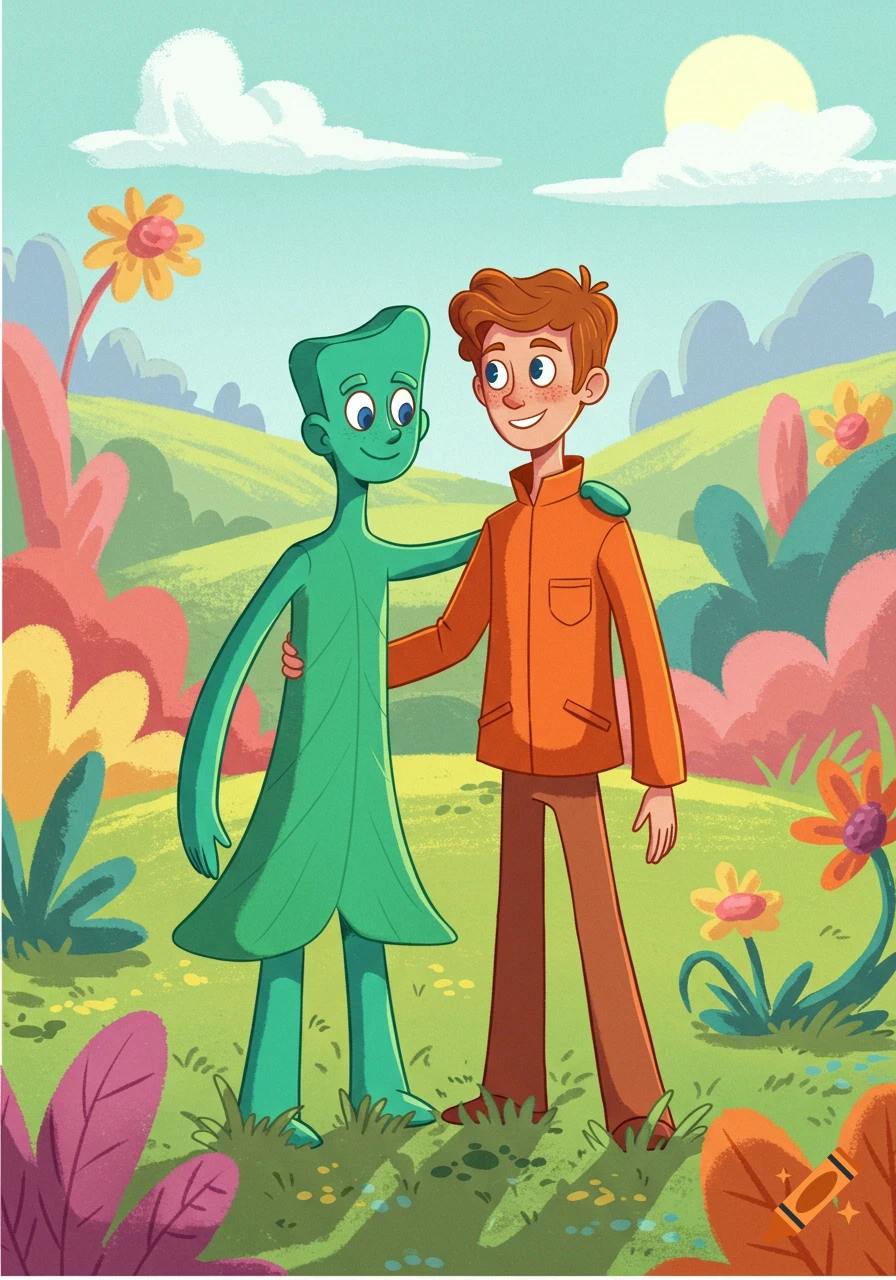 Cartoon illustration of a green leaf-like figure and a red-haired boy standing together in a whimsical, colorful landscape.