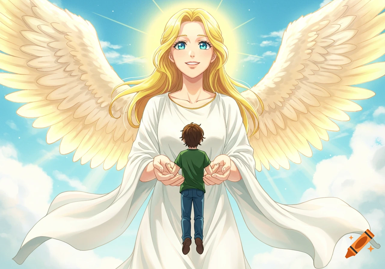 Anime angel with blonde hair and white dress holding a tiny man in her cupped hands, smiling against a blue sky.
