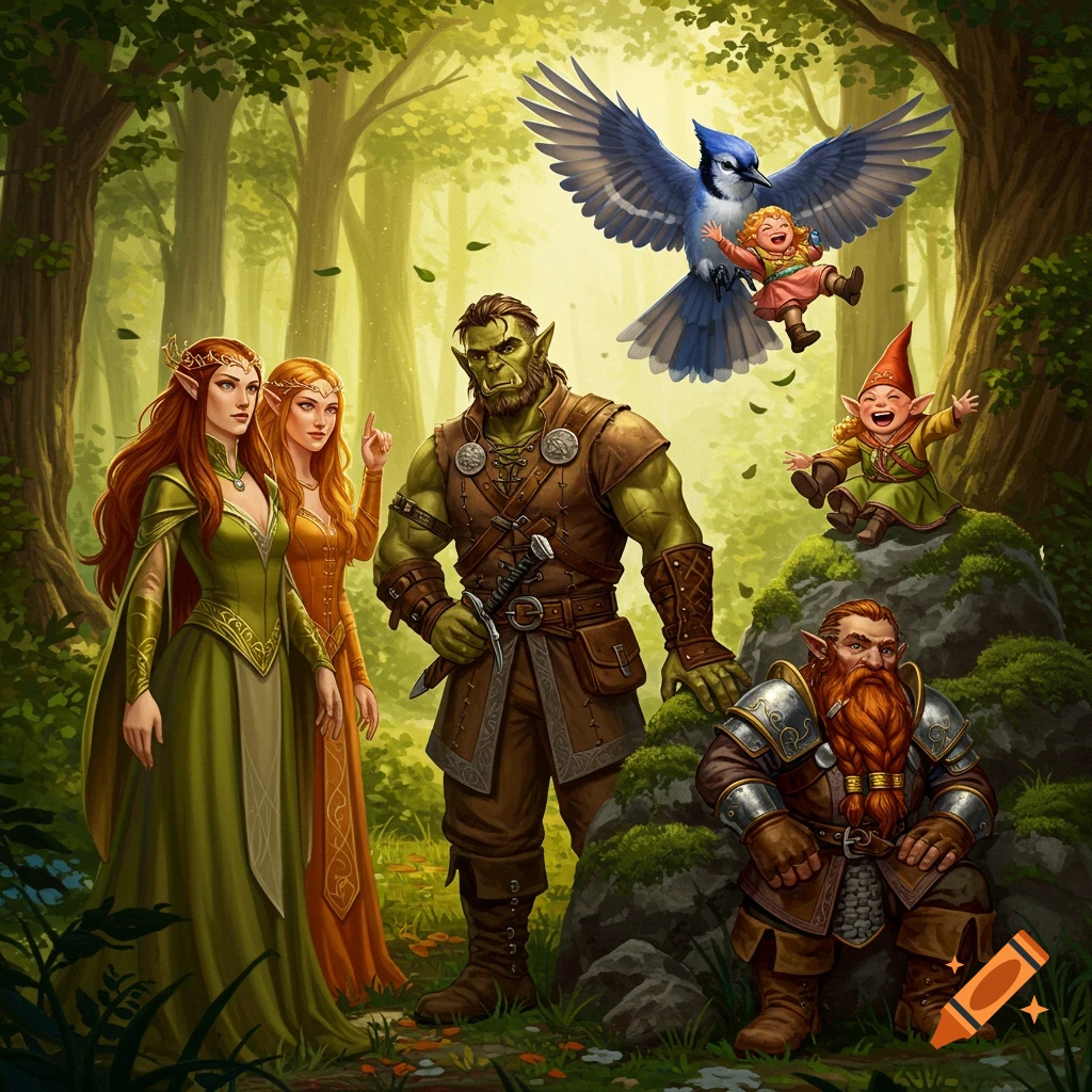 A fantasy scene with two female elves, a male orc, a male dwarf, a laughing gnome, and a blue jay flying above, all in a lush forest.