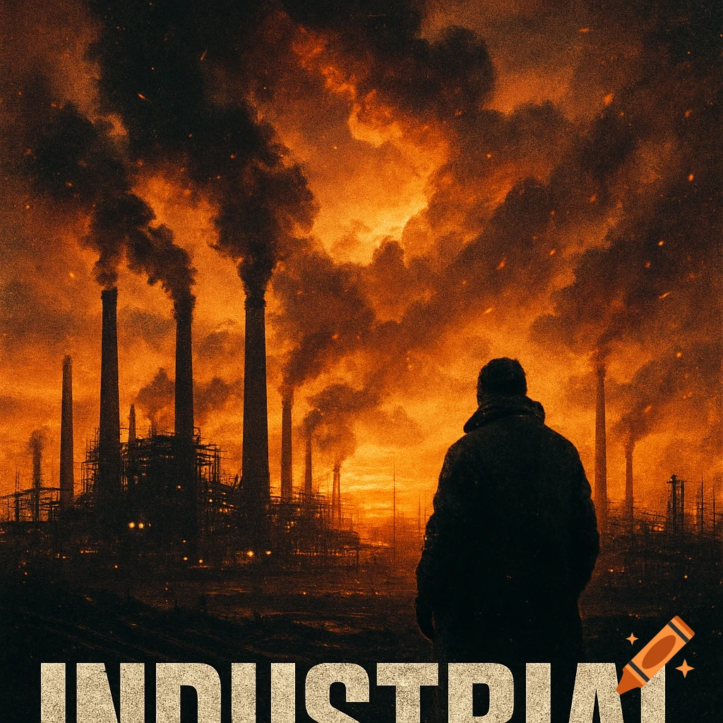 A silhouette of a lone figure stands before a heavily polluting industrial complex under a fiery orange sky with "INDUSTRIAL" text.