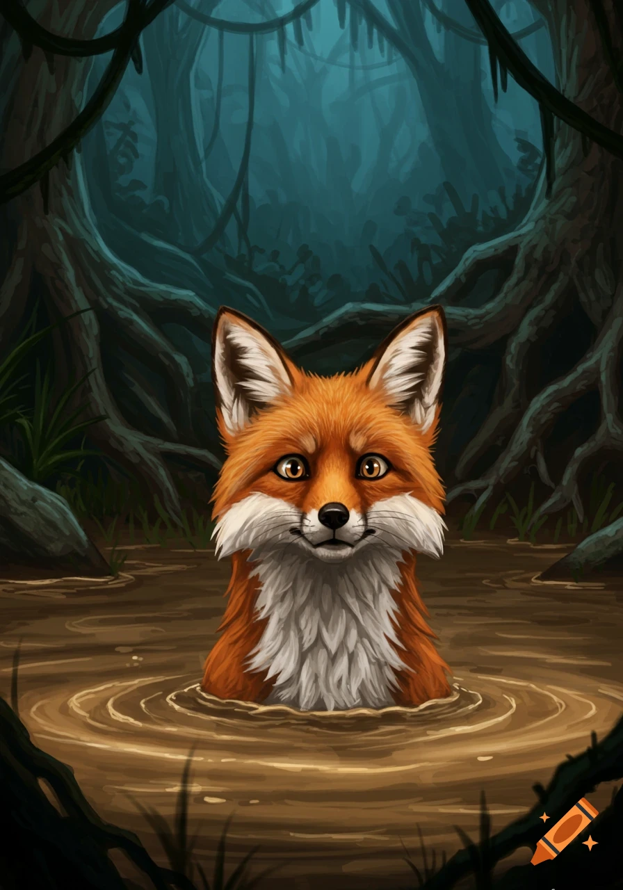 A stylized illustration of a red fox chest deep in muddy water, with a dark, swampy forest in the background.