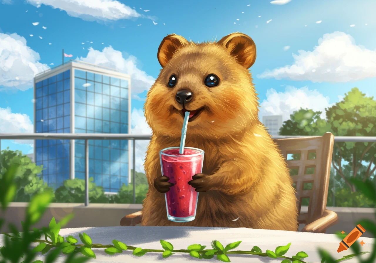A cute illustrated quokka happily drinks a red smoothie with a straw on a balcony, with a city building in the background.