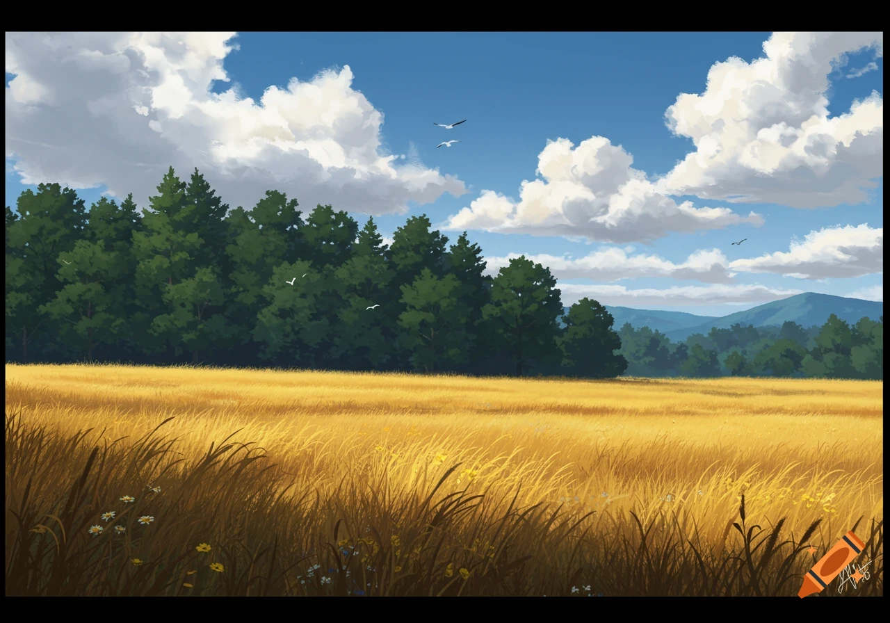 An illustrative landscape featuring a golden field in the foreground, a dense green forest, and distant blue mountains under a cloudy sky.