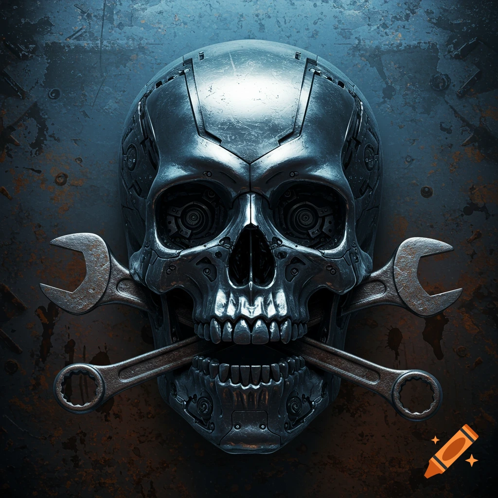 A metallic cyborg skull with two wrenches, set against a dark, rusted metal background.