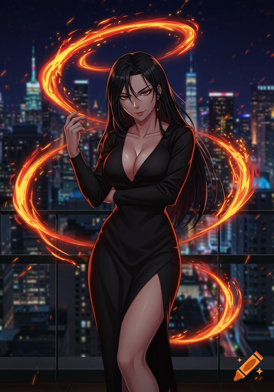 Anime woman with long black hair, ruby eyes, in a black v-neck dress, surrounded by firey magic, on a city balcony at night.