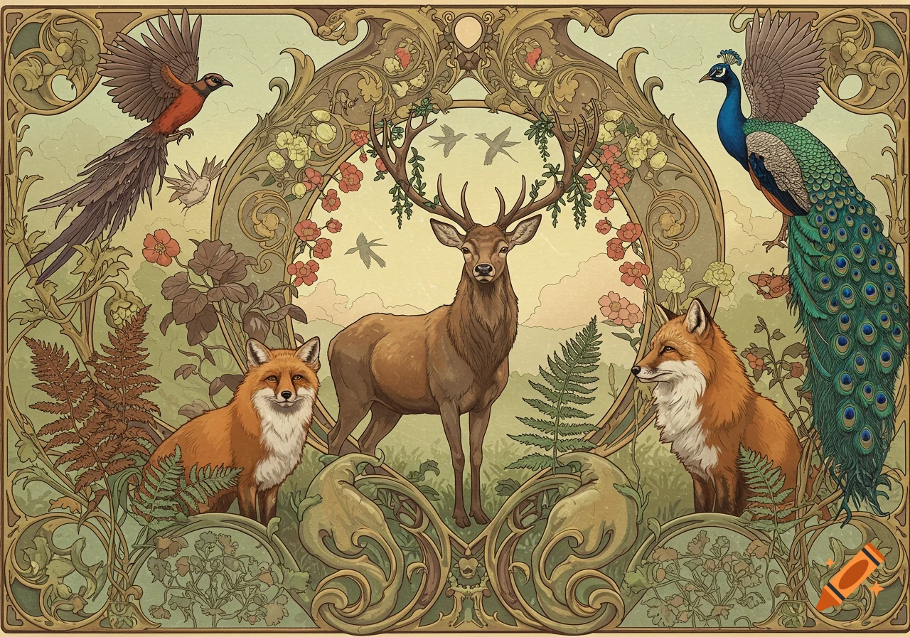 Art Nouveau illustration of a deer, two foxes, a peacock, and birds amidst ornate foliage and flowers.