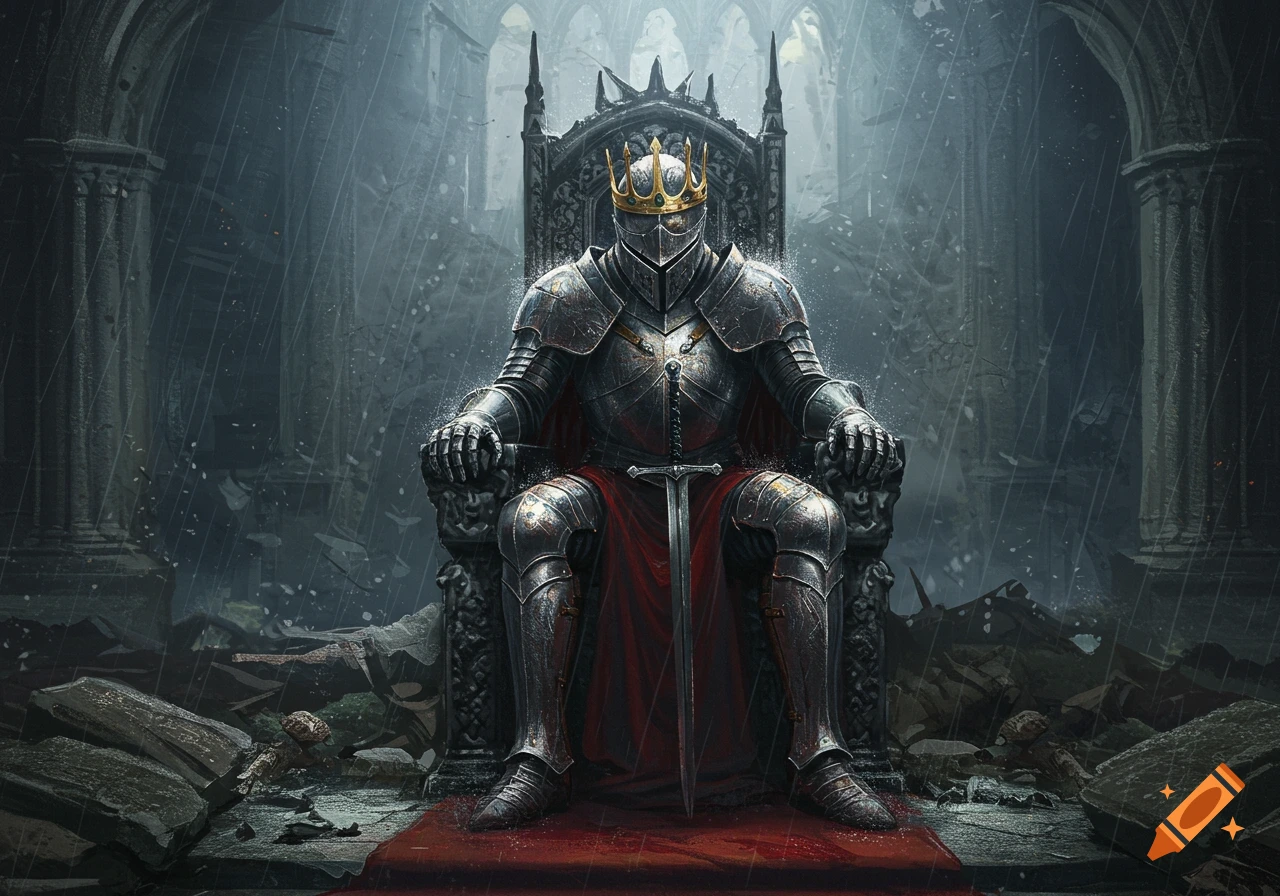 A knight in full armor and a golden crown sits on an ornate throne in a dark, ruined castle with falling rain.