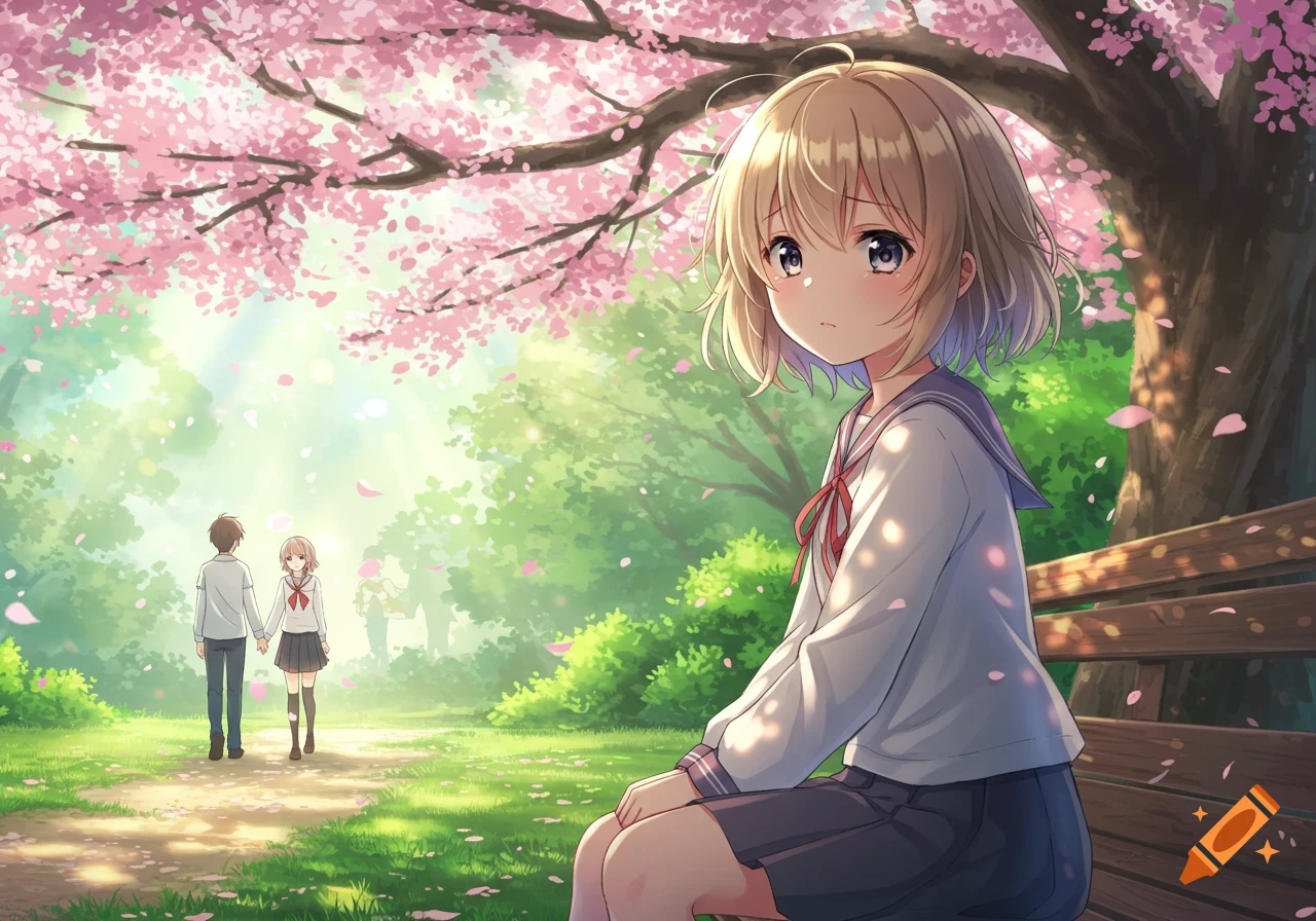 Sad anime girl with blond hair sits on a bench in a cherry blossom park, watching a couple hold hands and walk away.