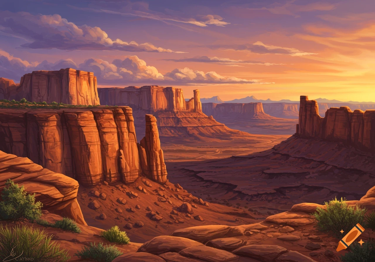 A vibrant digital painting of a desert canyon landscape at sunset with dramatic rock formations and a colorful sky.