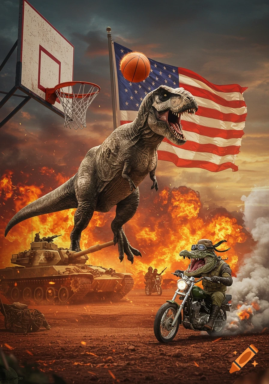 A T-Rex dunks a flaming basketball over a tank, with an American flag, fire, and an alligator on a motorcycle.