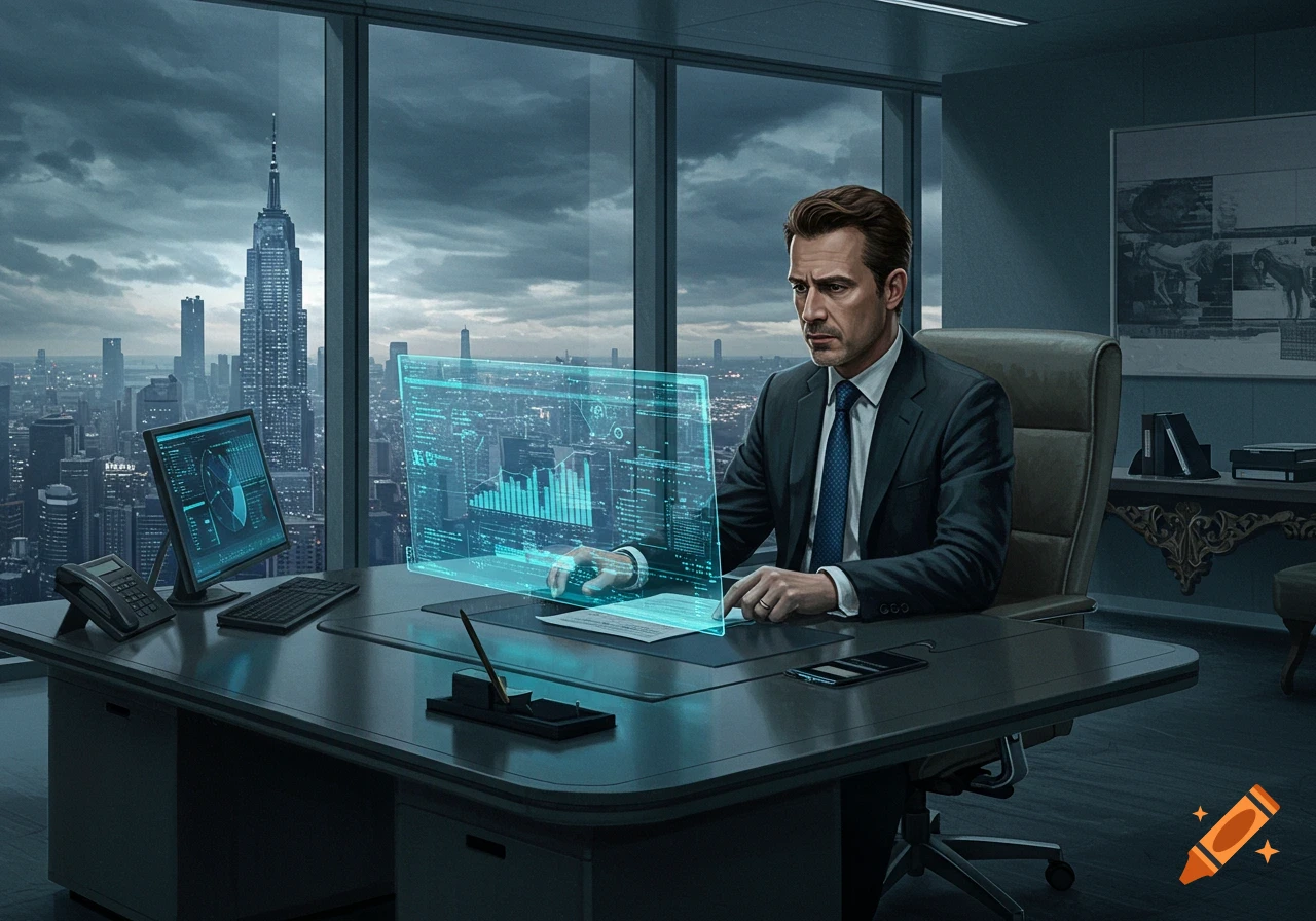 A serious CEO in a suit sits at a desk, interacting with a futuristic holographic screen in a high-rise office overlooking a city.