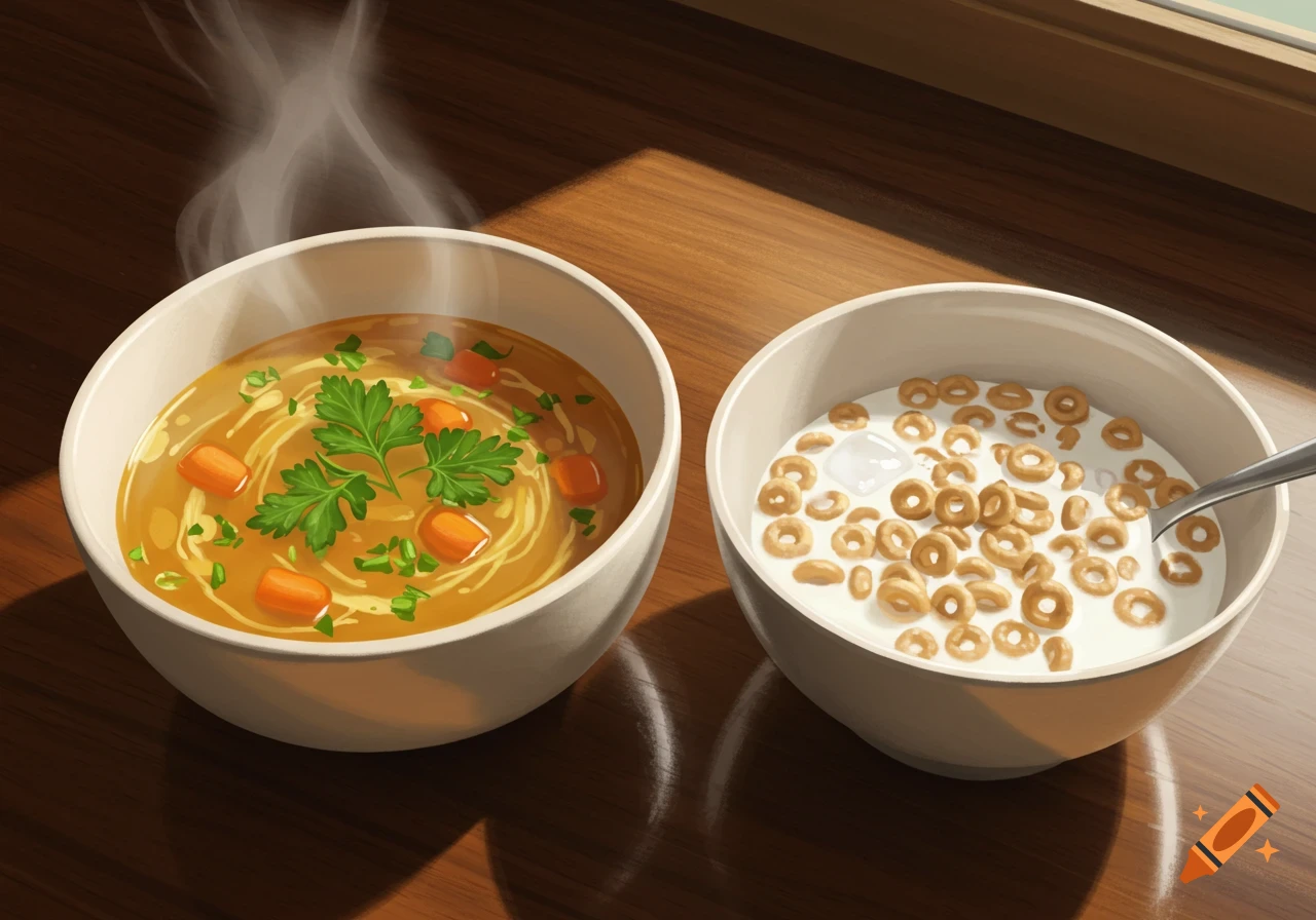 Illustrated bowls of steaming soup with carrots and parsley, and cereal with milk, on a wooden table with window light.