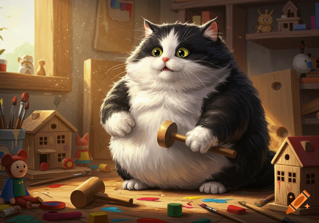 A fluffy black and white cartoon cat with wide yellow eyes holds a mallet, surrounded by wooden toy houses and craft supplies in a sunny room.