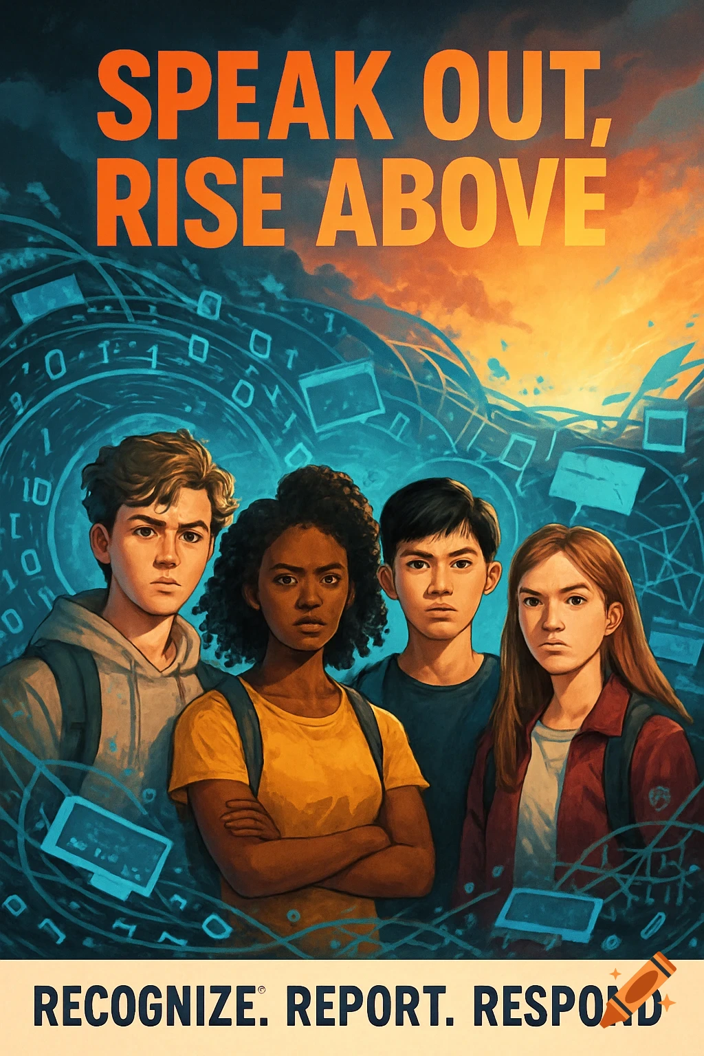 A vibrant digital art poster shows four serious-looking diverse teenagers against a background of binary code and a sunset. Text reads 'SPEAK OUT, RISE ABOVE' and 'RECOGNIZE. REPORT. RESPOND'.