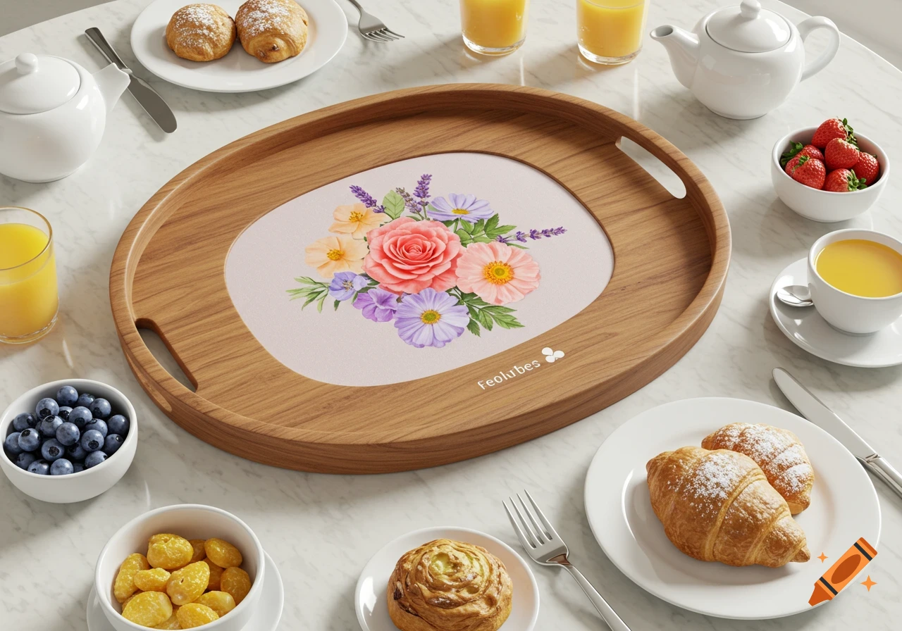 Overhead view of a wooden serving tray with a floral insert, surrounded by croissants, fruits, and juice on a marble table.