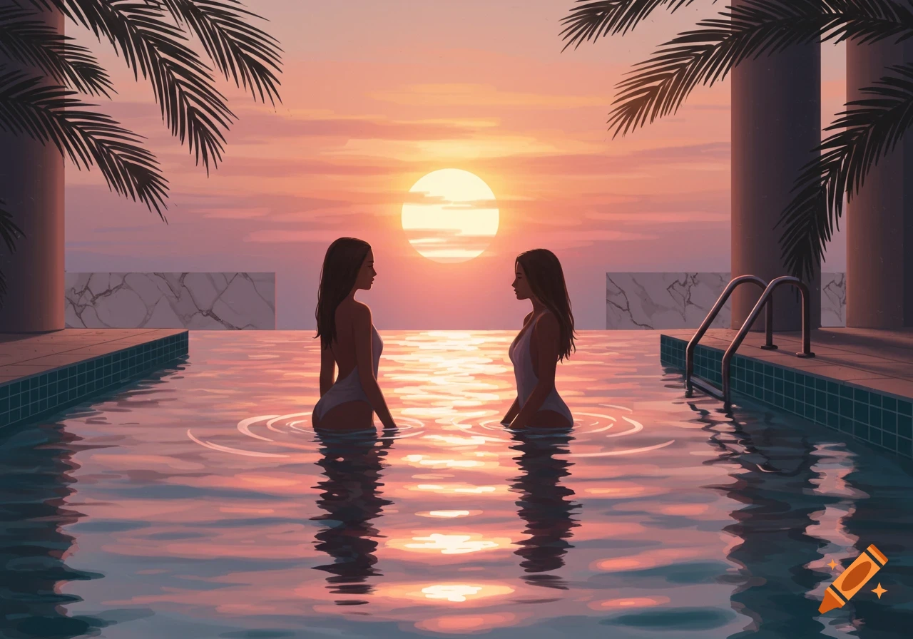 Two women in white swimsuits stand in an infinity pool at sunset, with palm trees and a vibrant sky.