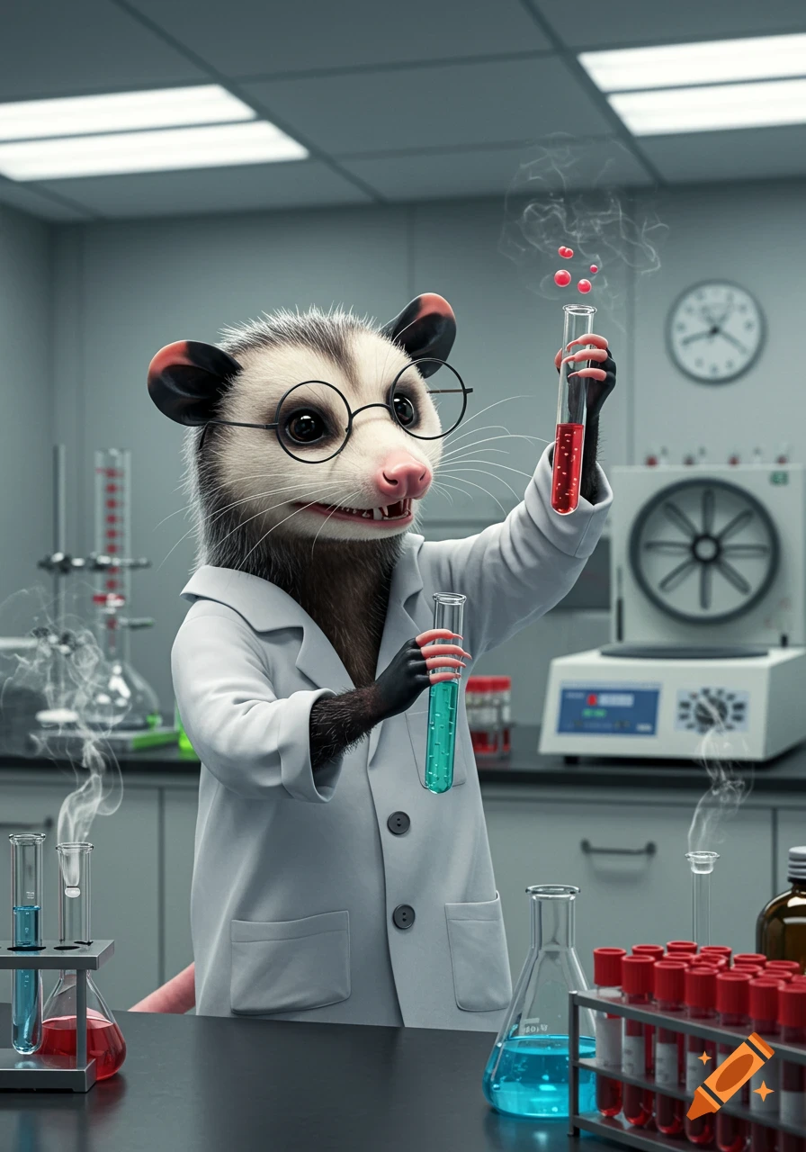 A photorealistic anthropomorphic opossum wearing a lab coat and glasses holds test tubes with red and blue liquids in a science laboratory.