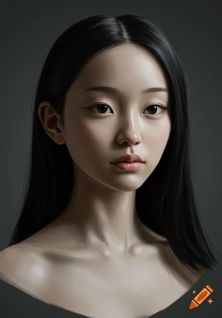 Photorealistic portrait of a young woman with long black hair and fair skin, bust-up against a grey background.