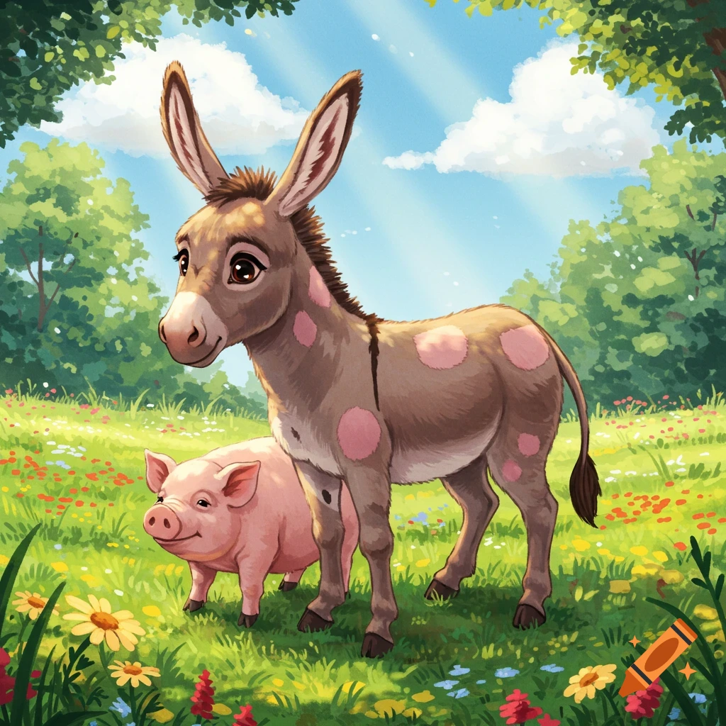 A cute cartoon donkey with pink spots stands next to a pink pig in a vibrant, sunny green field with flowers and trees.
