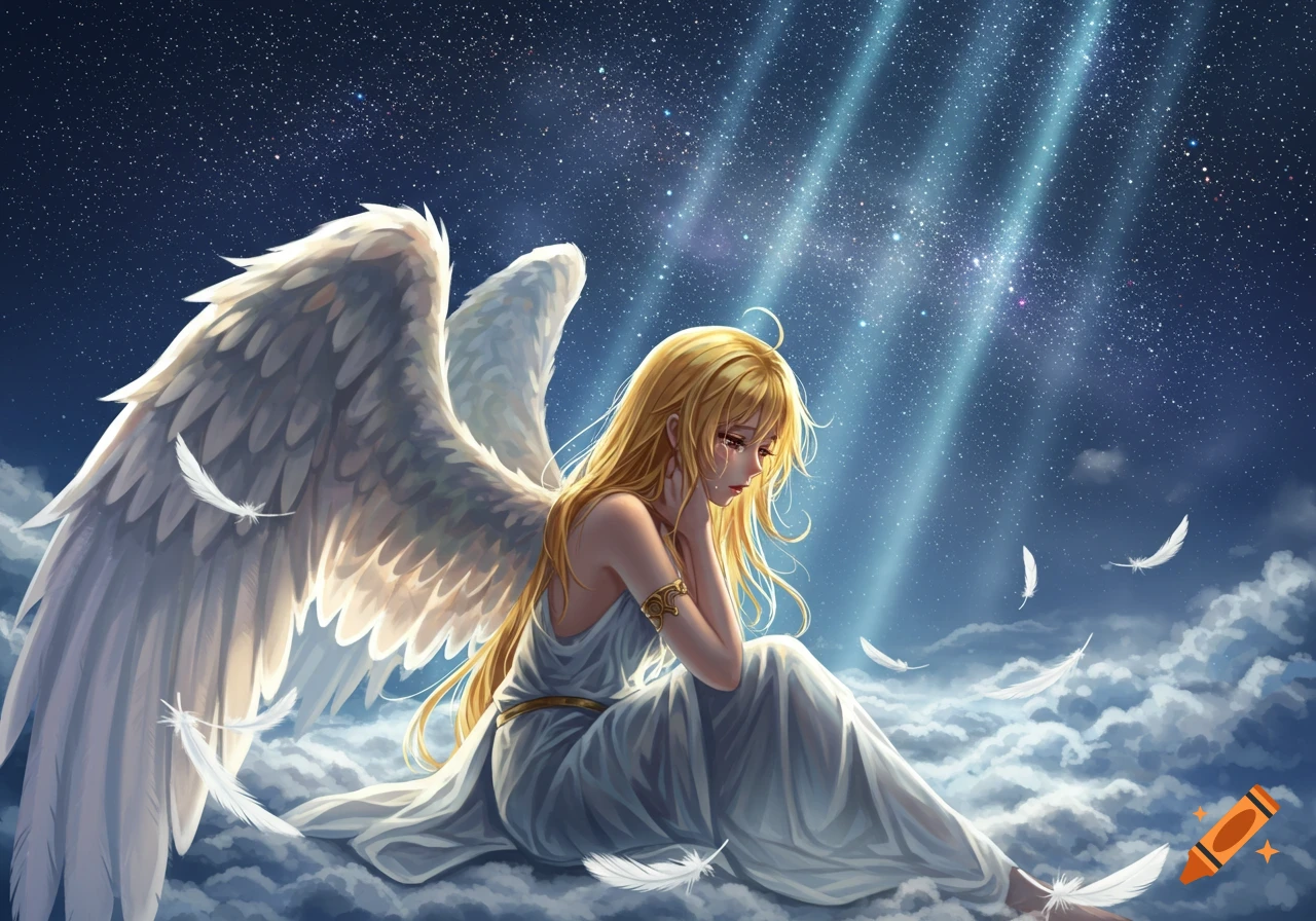 A sad blonde anime angel with large white wings sits on clouds under a starry night sky with light rays.